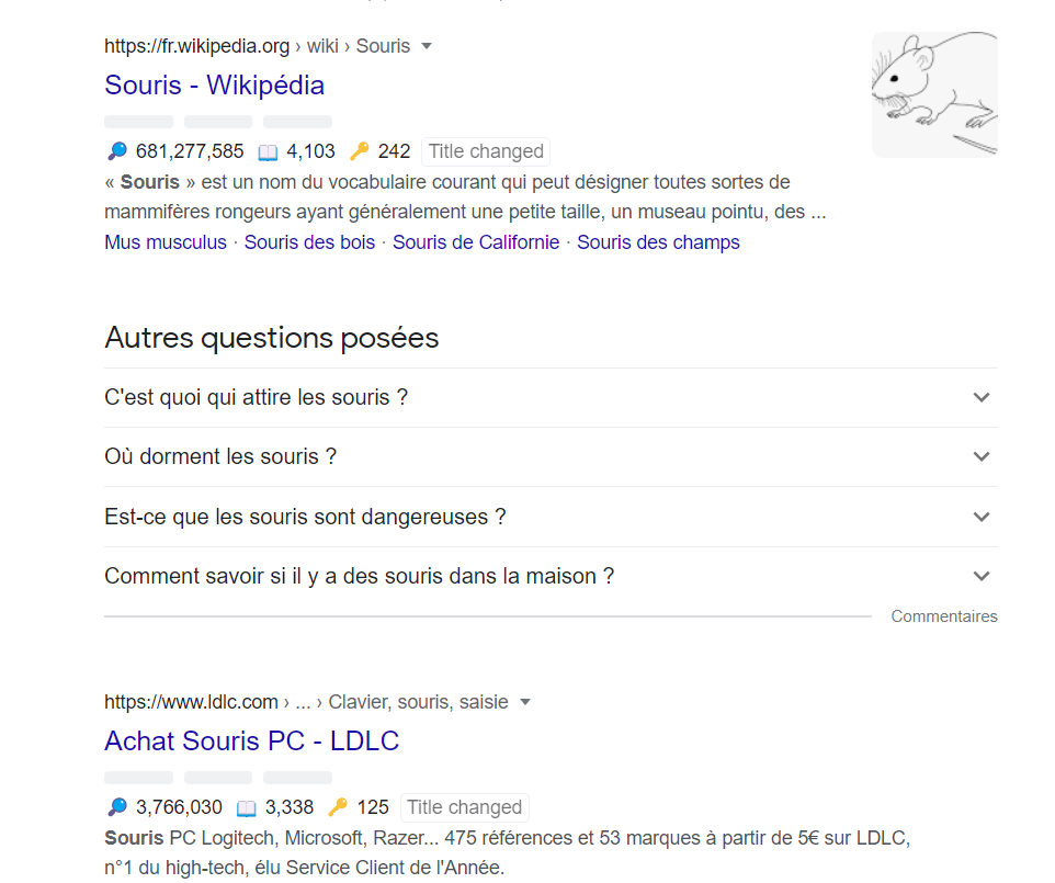 résultats de recherche sur la SERP pour la requête souris